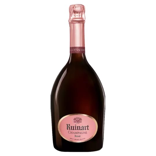 Bottle of Champagne Ruinart Brut Rosé - coral color, emblematic label