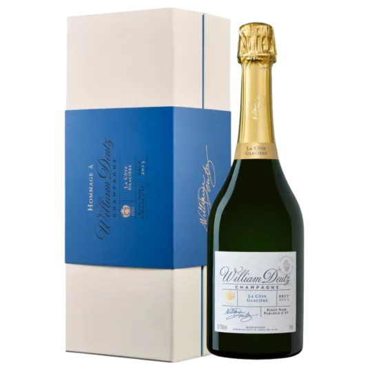 Bottle of Champagne Deutz La Côte Glacière 2015, front view, white label, gold cap