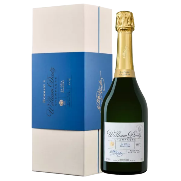 Bottle of Champagne Deutz La Côte Glacière 2015, front view, white label, gold cap
