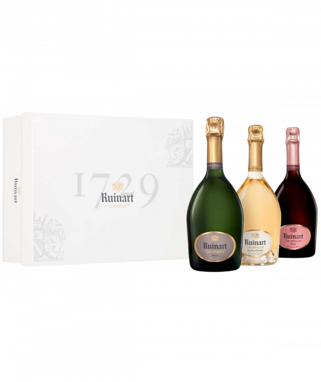 RUINART champagne Gift Set 3 bottles, “R” de Ruinart, Blanc De Blancs, Brut Rosé
