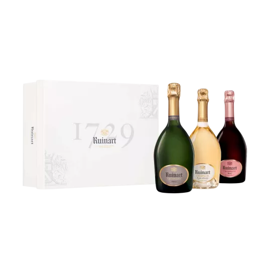 RUINART champagne Gift Set 3 bottles, “R” de Ruinart, Blanc De Blancs, Brut Rosé