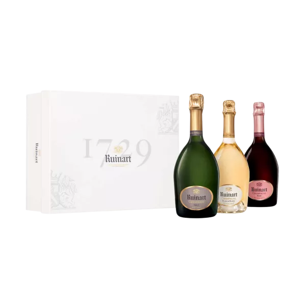 RUINART champagne Gift Set 3 bottles, “R” de Ruinart, Blanc De Blancs, Brut Rosé
