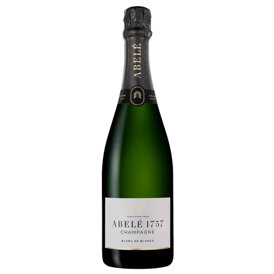 Bottle of Champagne Abelé 1757 Blanc de Blancs Brut, front view, white and black label on gold background