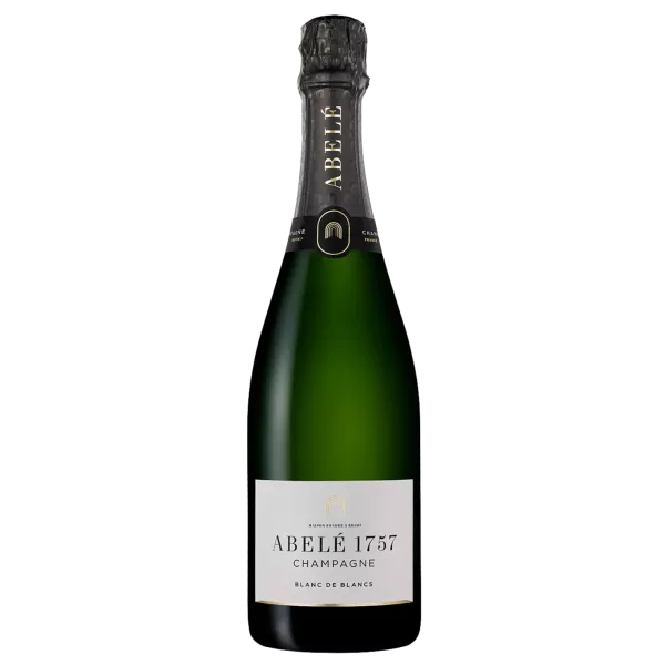 Bottle of Champagne Abelé 1757 Blanc de Blancs Brut, front view, white and black label on gold background