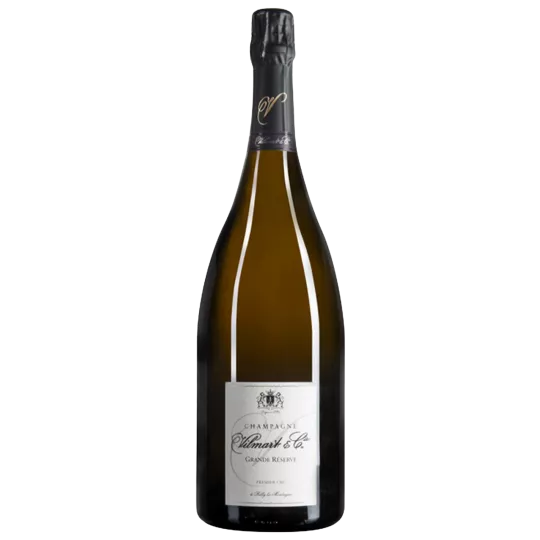 Bottle of Champagne Vilmart Grande Réserve Premier Cru, black capsule, white label, presented upright.