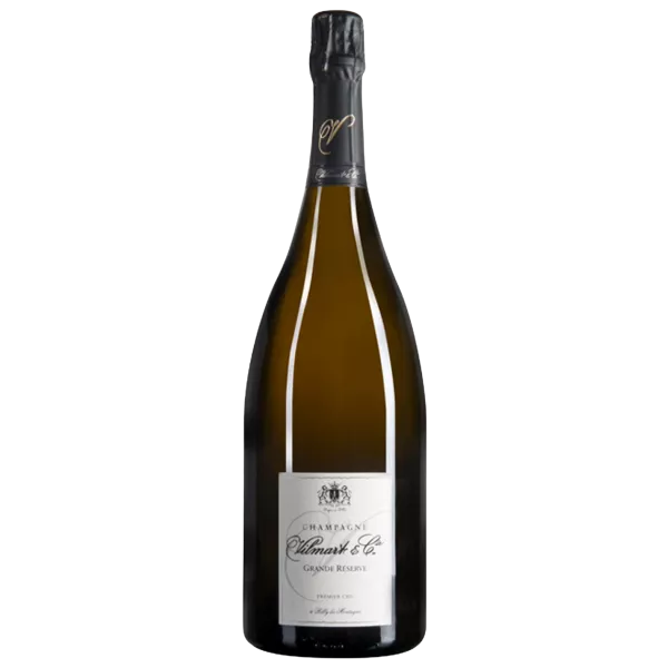 Bottle of Champagne Vilmart Grande Réserve Premier Cru, black capsule, white label, presented upright.