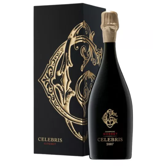 Bottle of Champagne Gosset Célébris Millésime 2008 Brut, front view, black and gold label