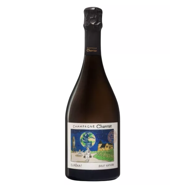 Bottle of Champagne Chavost Eureka Brut Nature, colored label, front view