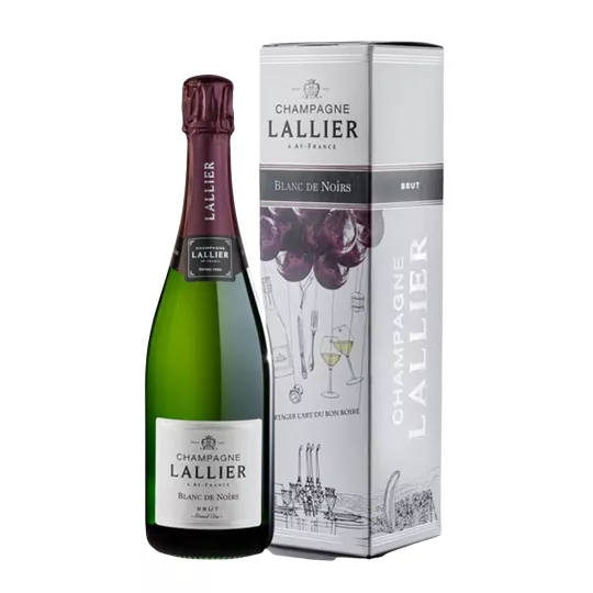 Bottle of Champagne Lallier Blanc de Noirs Brut Grand Cru 75cl, white label, with illustrated case.