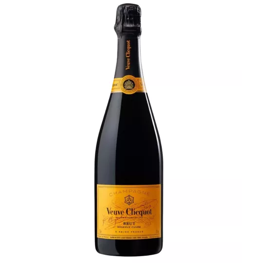 Bottle of Champagne Veuve Clicquot Cuvée Réserve brut - front view on neutral background
