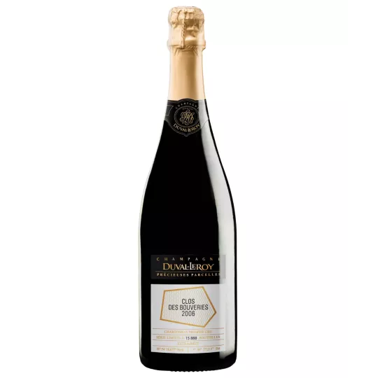 Bottle of Champagne Duval-Leroy Clos des Bouveries 2006, black and gold label, front view
