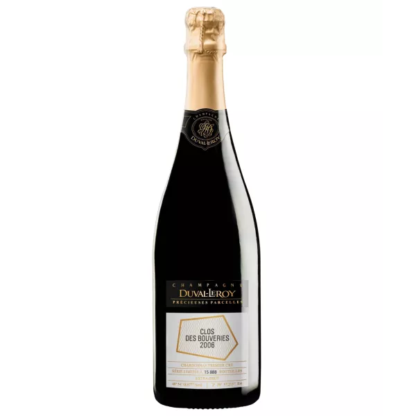 Bottle of Champagne Duval-Leroy Clos des Bouveries 2006, black and gold label, front view