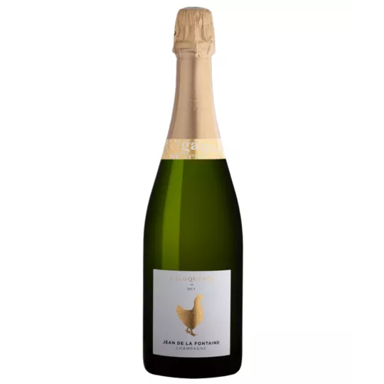 Bottle of Champagne Jean de la Fontaine L'éloquente Brut, 75cl, gold cap, white label with gold rooster, front view