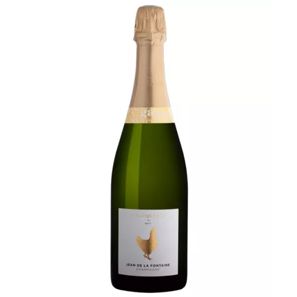 Bottle of Champagne Jean de la Fontaine L'éloquente Brut, 75cl, gold cap, white label with gold rooster, front view