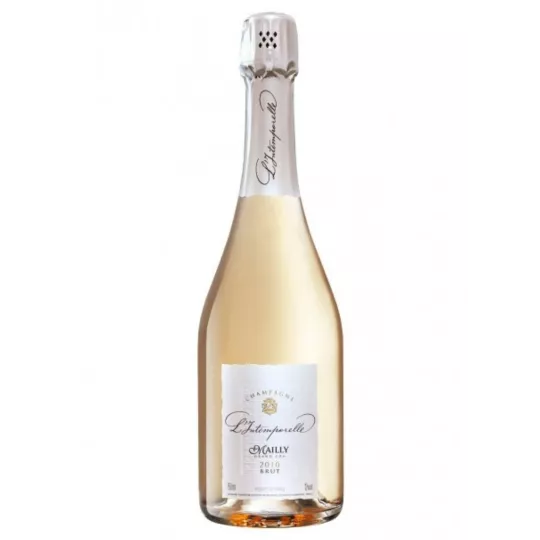 Bottle of Champagne Mailly L'Intemporelle Brut 2016, front view, white label on gold background