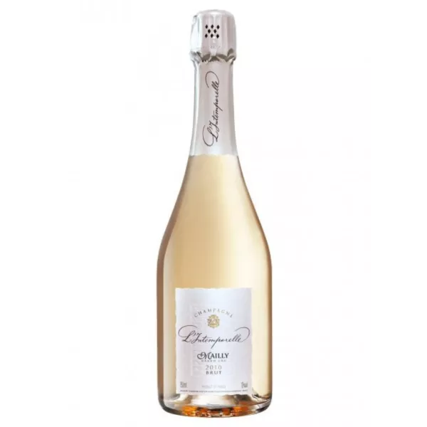 Bottle of Champagne Mailly L'Intemporelle Brut 2016, front view, white label on gold background