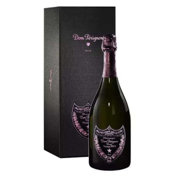 Bottle of Champagne Dom Pérignon Rosé 2008 with pink label, front view