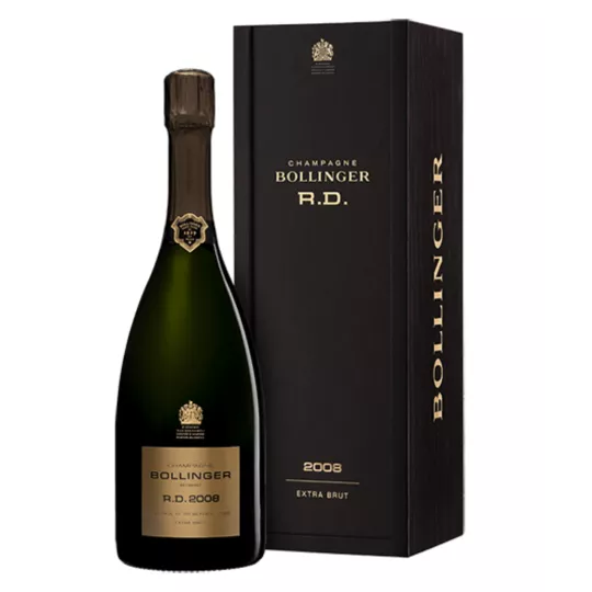 Bottle of Champagne Bollinger R.D. 2008, gold label, front view