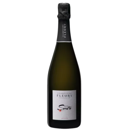 Bottle of Champagne Fleury Sonate Extra-Brut 2013, white label, front view