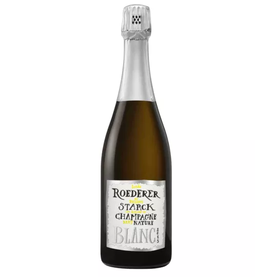 Bottle of Champagne Louis Roederer Brut Nature 2015, white label, front view