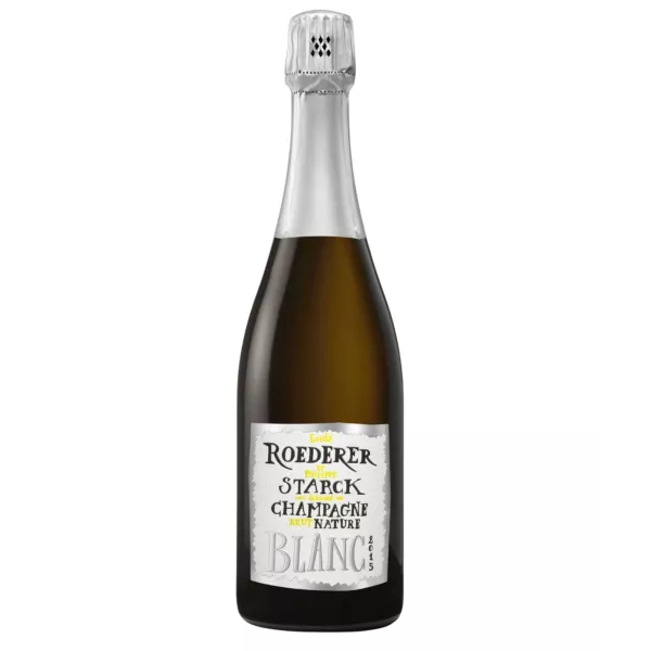 Bottle of Champagne Louis Roederer Brut Nature 2015, white label, front view