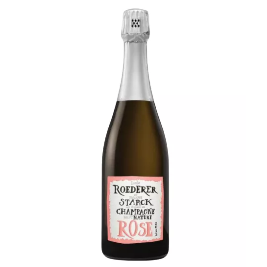 Bottle of Champagne Louis Roederer Starck Rosé 2015, white and pink label, front view