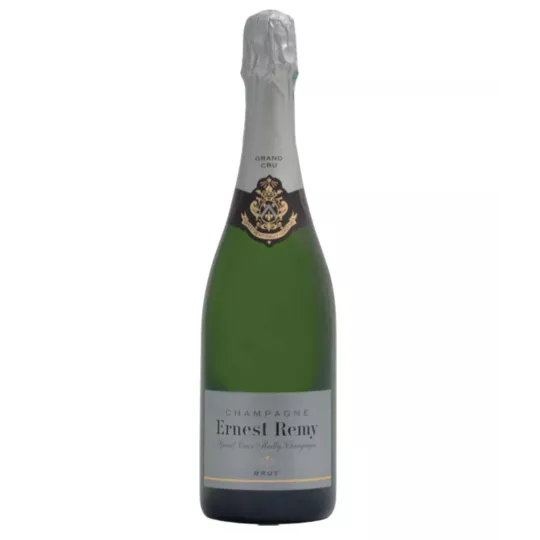 Bottle of Champagne Ernest Remy Brut Blanc de Noirs, silver label, front view