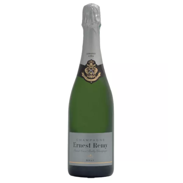 Bottle of Champagne Ernest Remy Brut Blanc de Noirs, silver label, front view