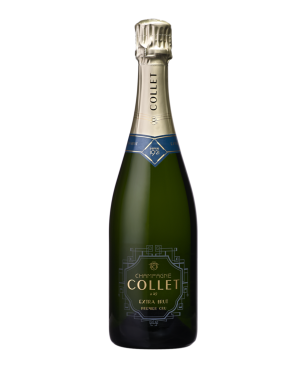 Bottle of COLLET Extra Brut Premier Cru Champagne with sparkling bubbles