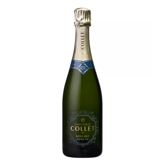 Bottle of COLLET Extra Brut Premier Cru Champagne with sparkling bubbles