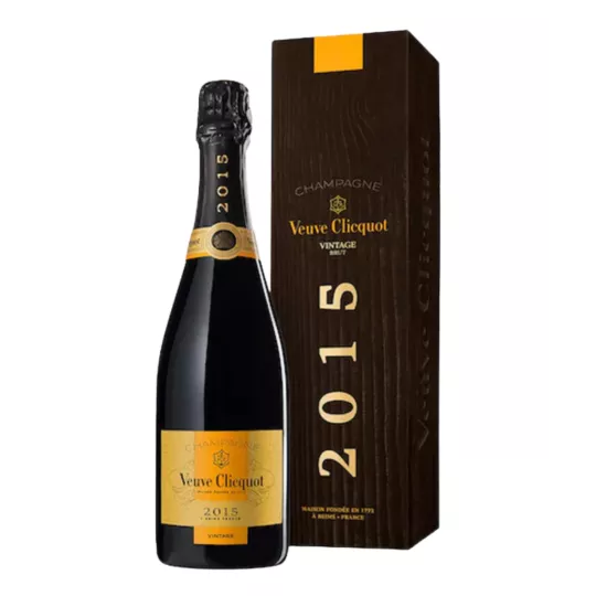 Bottle of Champagne Veuve Clicquot Vintage Brut 2015, gold label, front view
