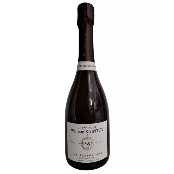 Bottle of Champagne William Saintot Millésime 2018, white label, front view