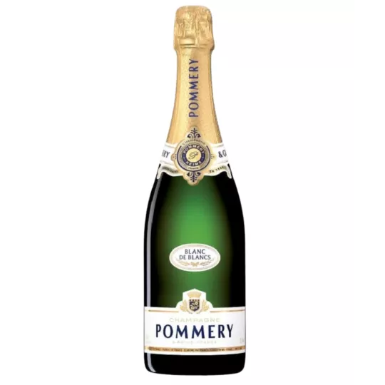Bottle of Champagne Pommery Apanage Blanc de Blancs, front view, white and gold label