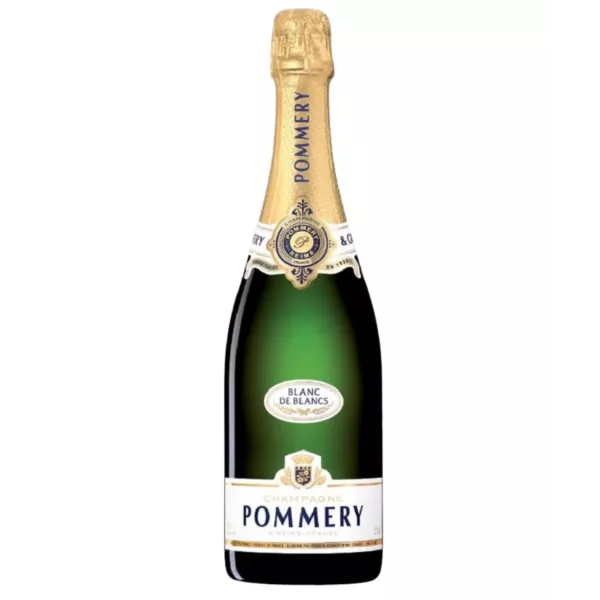 Bottle of Champagne Pommery Apanage Blanc de Blancs, front view, white and gold label