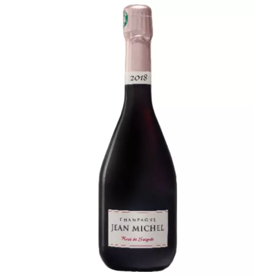 Bottle of Champagne Jean Michel Rosé de Saignée 2018, intense rosé, front view
