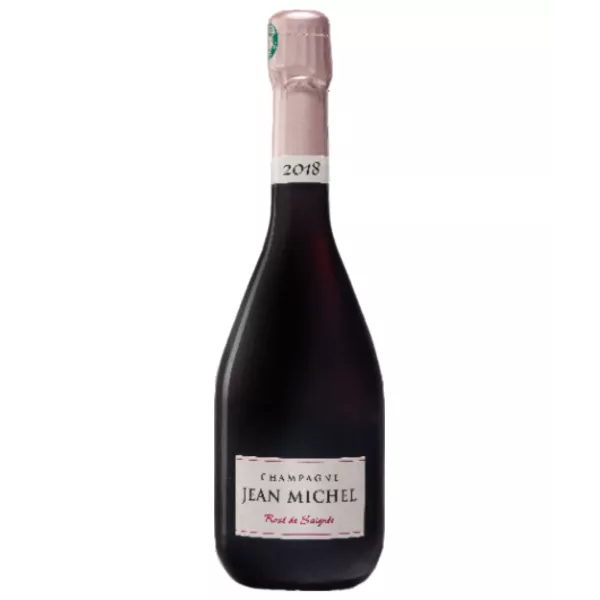 Bottle of Champagne Jean Michel Rosé de Saignée 2018, intense rosé, front view