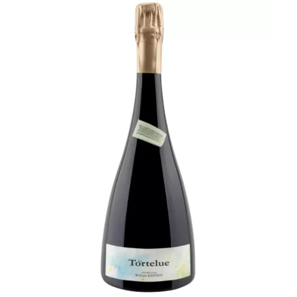 Bottle of Champagne William Saintot La Tortelue, white label, gold cap, front view