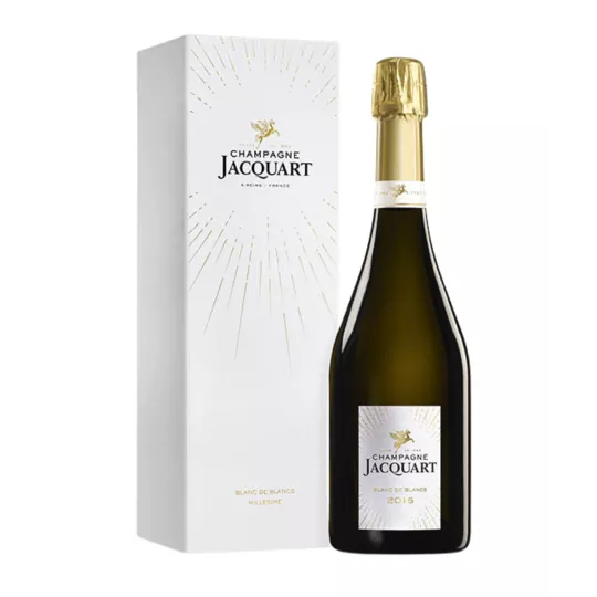 Bottle of Champagne Jacquart Blanc de Blancs 2015, front view, white and gold label, gold cap