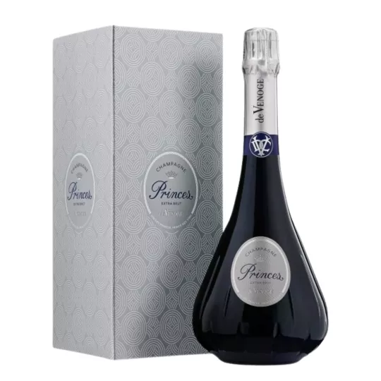 Bottle of Champagne De Venoge Princes Extra Brut, front view, silver label on black background