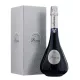 Bottle of Champagne De Venoge Princes Extra Brut, front view, silver label on black background