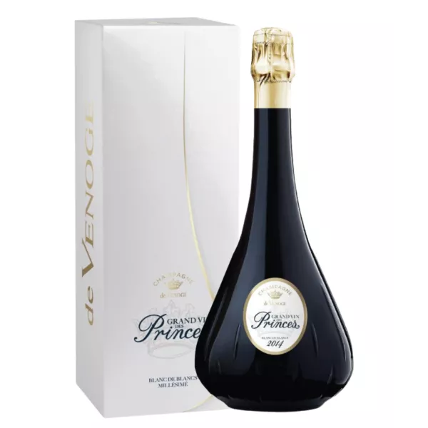 Bottle of Champagne De Venoge Grand Vin des Princes Blanc de Blancs 2014, front view