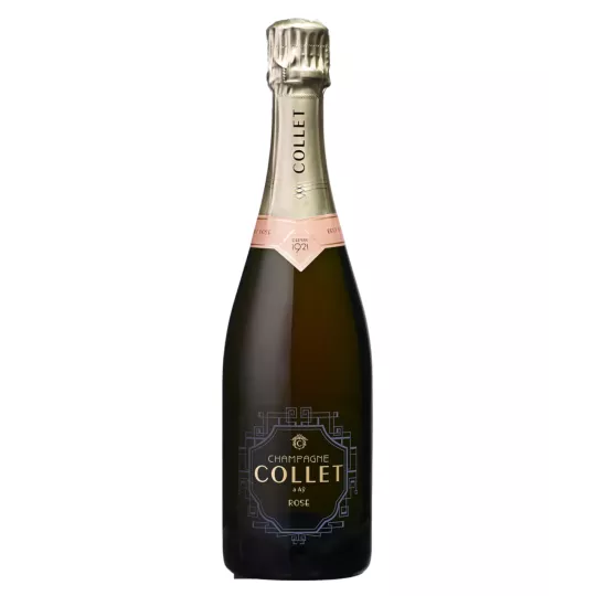 Bottle of Champagne Collet Brut Rosé 75cl, front view, black label and gold cap