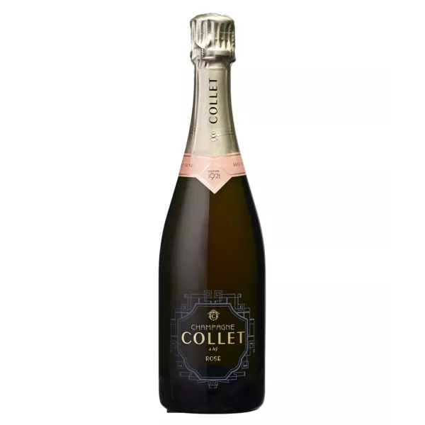 Bottle of Champagne Collet Brut Rosé 75cl, front view, black label and gold cap