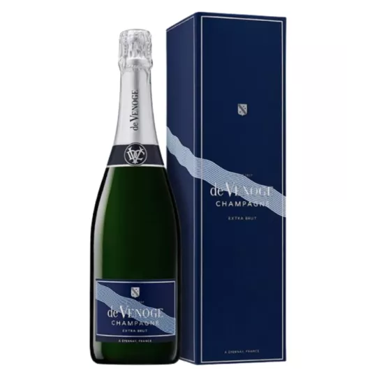Bottle of Champagne Extra Brut De Venoge - a blend of Pinot Noir, Meunier and Chardonnay - low dosage for a refined tasting expe
