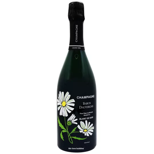 Bottle of Champagne Baron Dauvergne Fine Fleur Blanc de Noirs in Magnum format, floral label, front view.