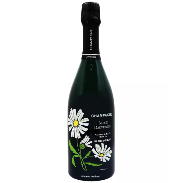 Bottle of Champagne Baron Dauvergne Fine Fleur Blanc de Noirs in Magnum format, floral label, front view.
