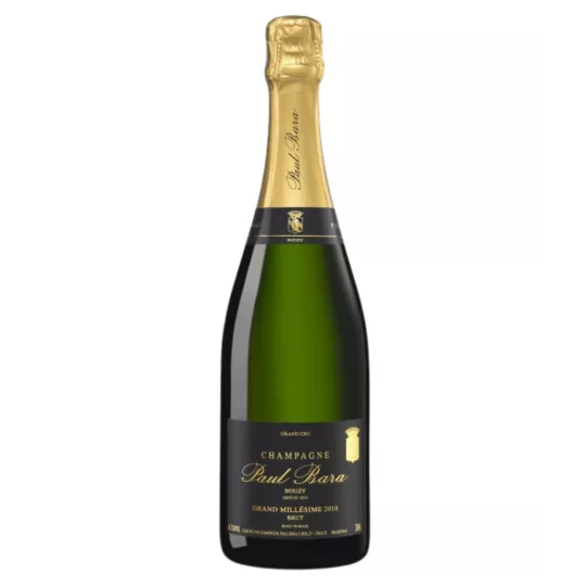 Bottle of Champagne Paul Bara Grand Millésime 2018, black and gold label, front view