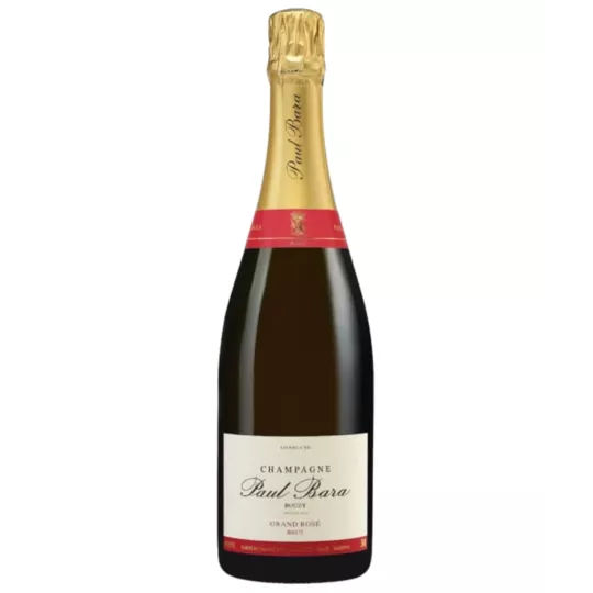 Bottle of Champagne Paul Bara Grand Rosé, white label and gold cap, front view