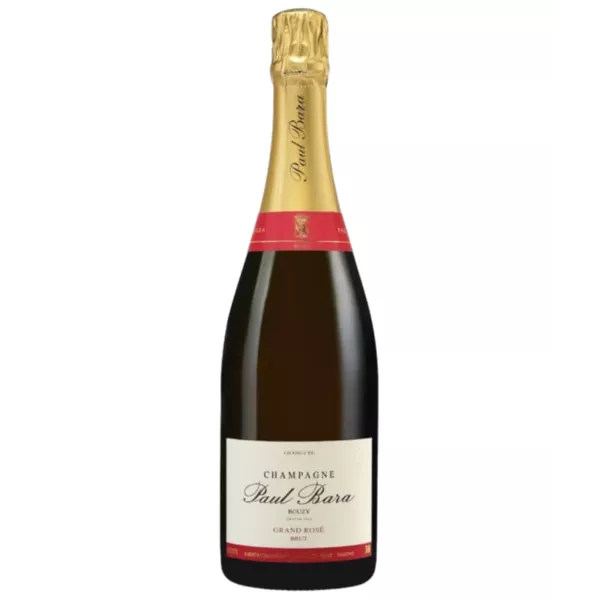 Bottle of Champagne Paul Bara Grand Rosé, white label and gold cap, front view