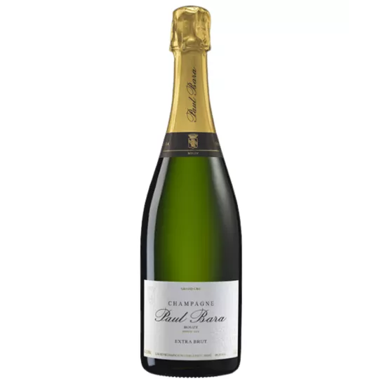 Bottle of Champagne Paul Bara Extra Brut Grand Cru, front view, white label, gold cap